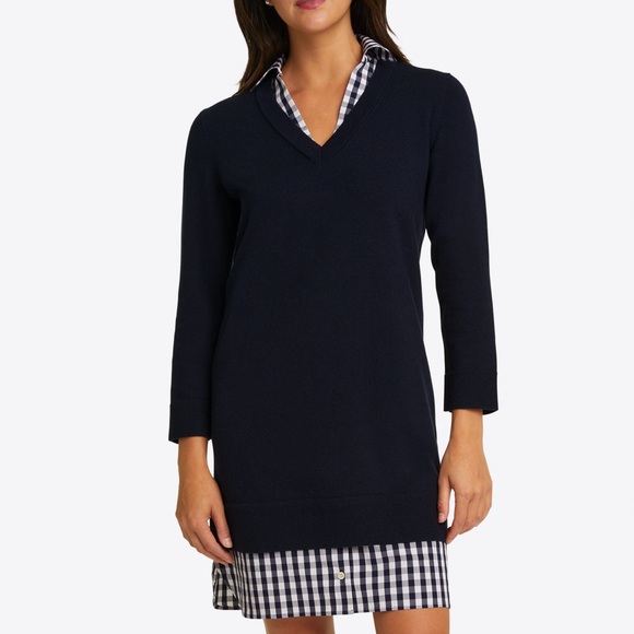 DRAPER JAMES Wool and Cotton Combo Sweaterdress in Navy Blue White Checkered - Picture 10 of 10